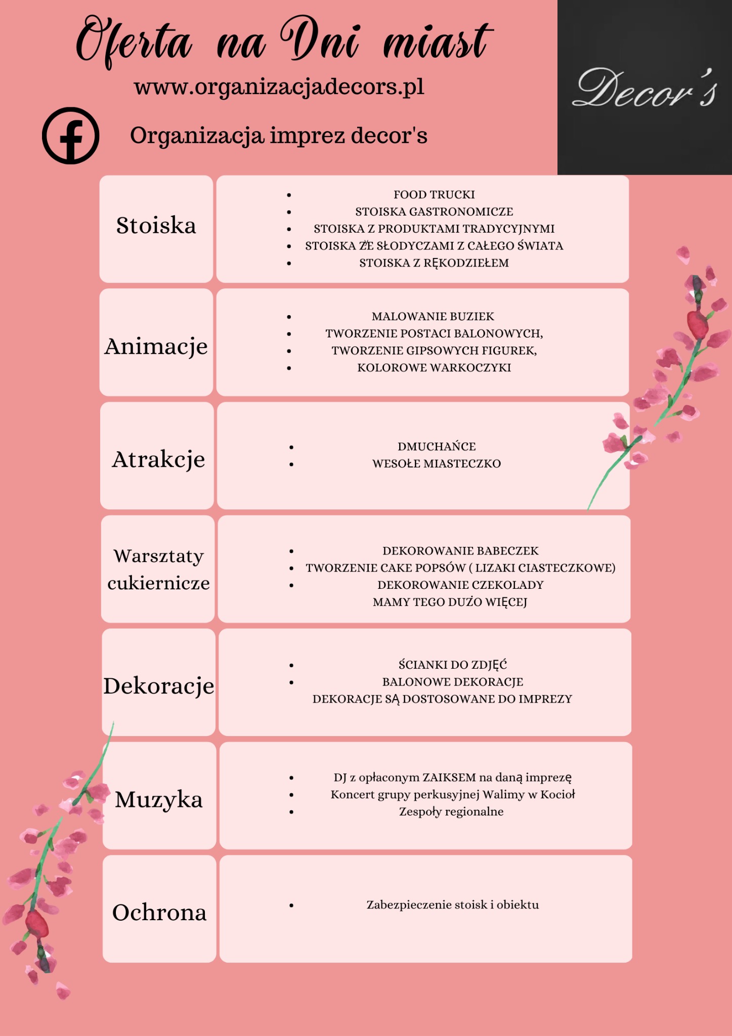 Grafika reklamowa z ofertą organizacji imprez na Dni Miasta, obejmująca stoiska gastronomiczne, animacje, atrakcje, warsztaty cukiernicze, dekoracje, muzykę i ochronę.