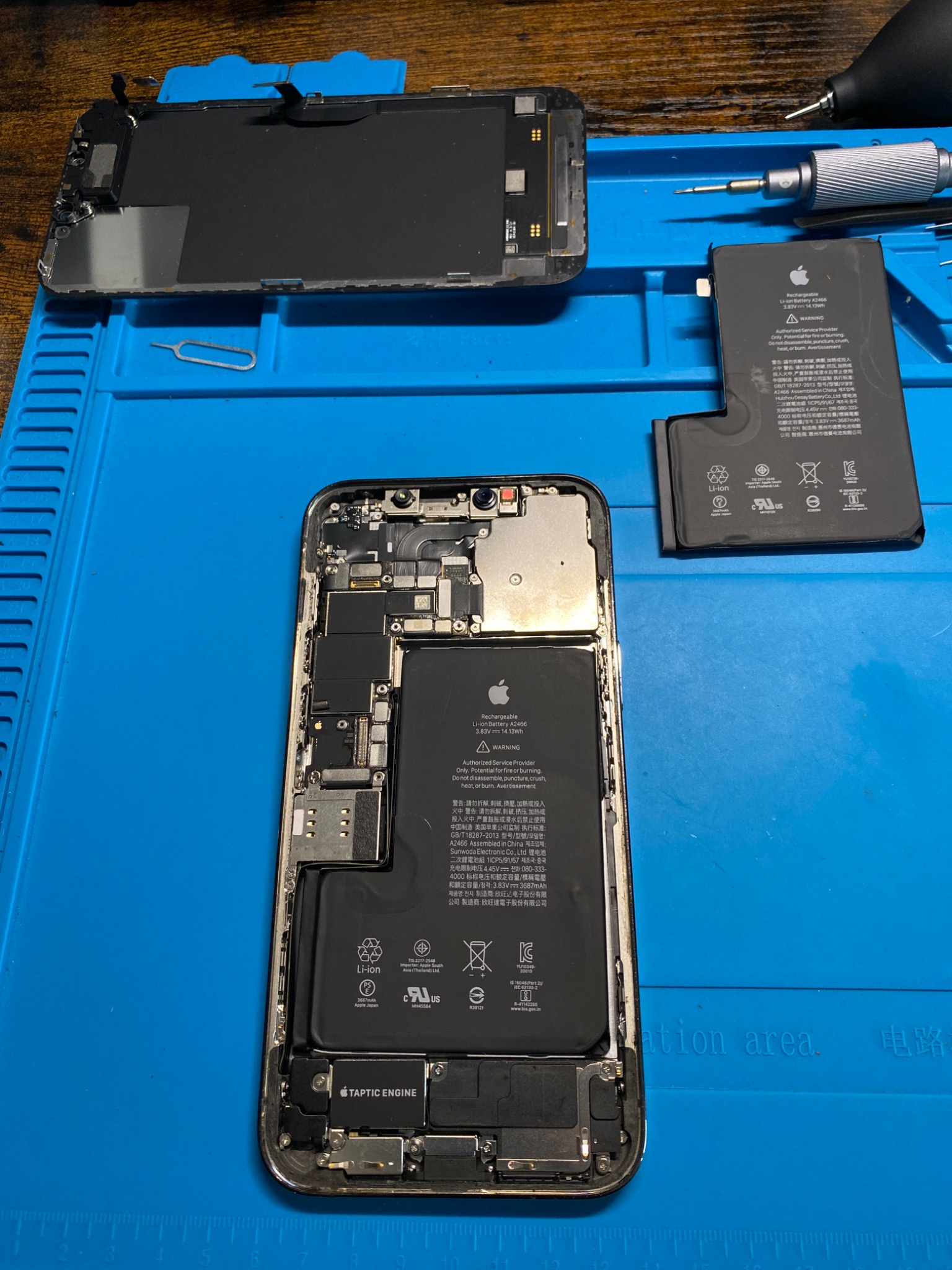 Rozłożony iPhone na niebieskiej macie serwisowej, widoczna bateria, odseparowany ekran i narzędzia do naprawy