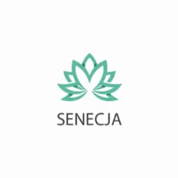 Minimalistyczne logo firmy Senecja przedstawiające stylizowany kwiat lotosu w odcieniach zieleni na białym tle.