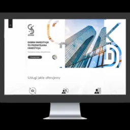 Monitor wyświetlający stronę internetową firmy SKD Holding z motywem inwestycyjnym, nowoczesny design z elementami graficznymi przedstawiającymi budynki i hasłem 'Dobra inwestycja to przemyślana...