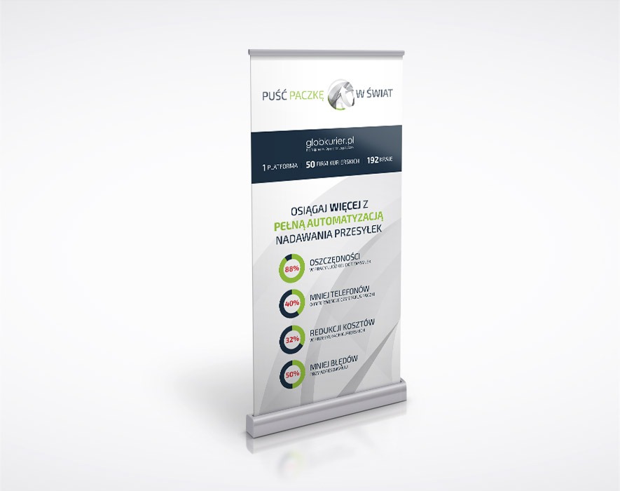 Roll-up reklamowy z hasłem 'Puść Paczkę w Świat' i informacjami o platformie globkurier.pl, prezentujący korzyści automatyzacji nadawania przesyłek w postaci oszczędności, redukcji kosztów i błędów.