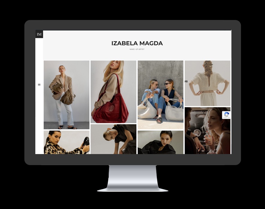 Ekran monitora prezentujący portfolio online makijażystki Izabeli Magdy, z galerią zdjęć modelek w różnych stylizacjach i ujęciach.