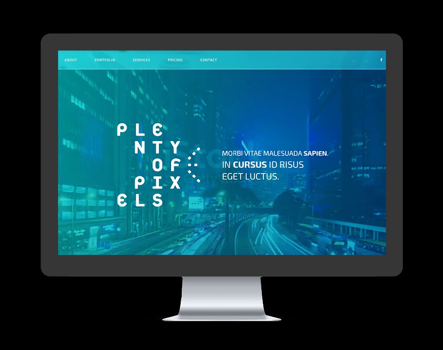 Monitor wyświetlający stronę internetową z motywem miejskiego krajobrazu w odcieniach turkusu i granatu, z tekstem 'Plenty of Pixels' po lewej stronie i łacińskim tekstem po prawej.