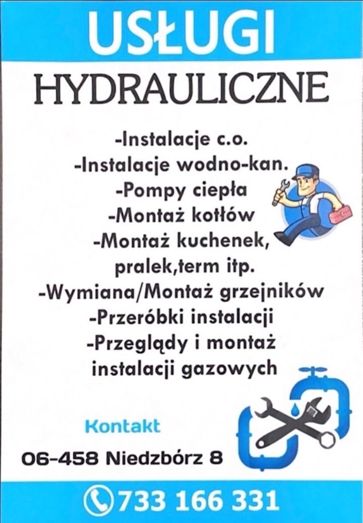 Ogłoszenie usług hydraulicznych z listą oferowanych prac instalacyjnych, numerem telefonu i adresem, ozdobione rysunkową postacią hydraulika i skrzyżowanymi kluczami.