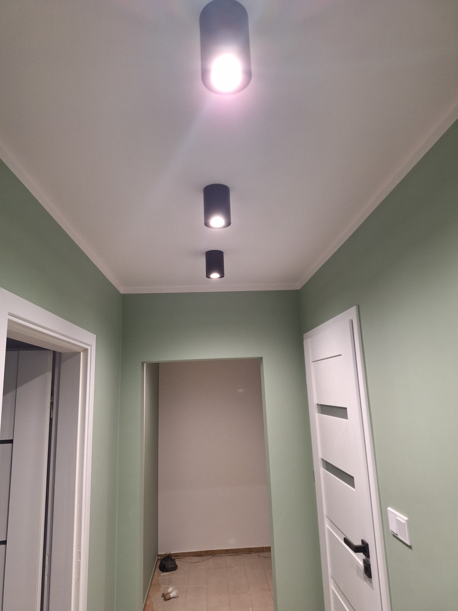 Korytarz pomalowany na pistacjowy kolor z trzema czarnymi lampami sufitowymi typu downlight, białe drzwi z ukośnymi przeszkleniami i biała listwa przypodłogowa.