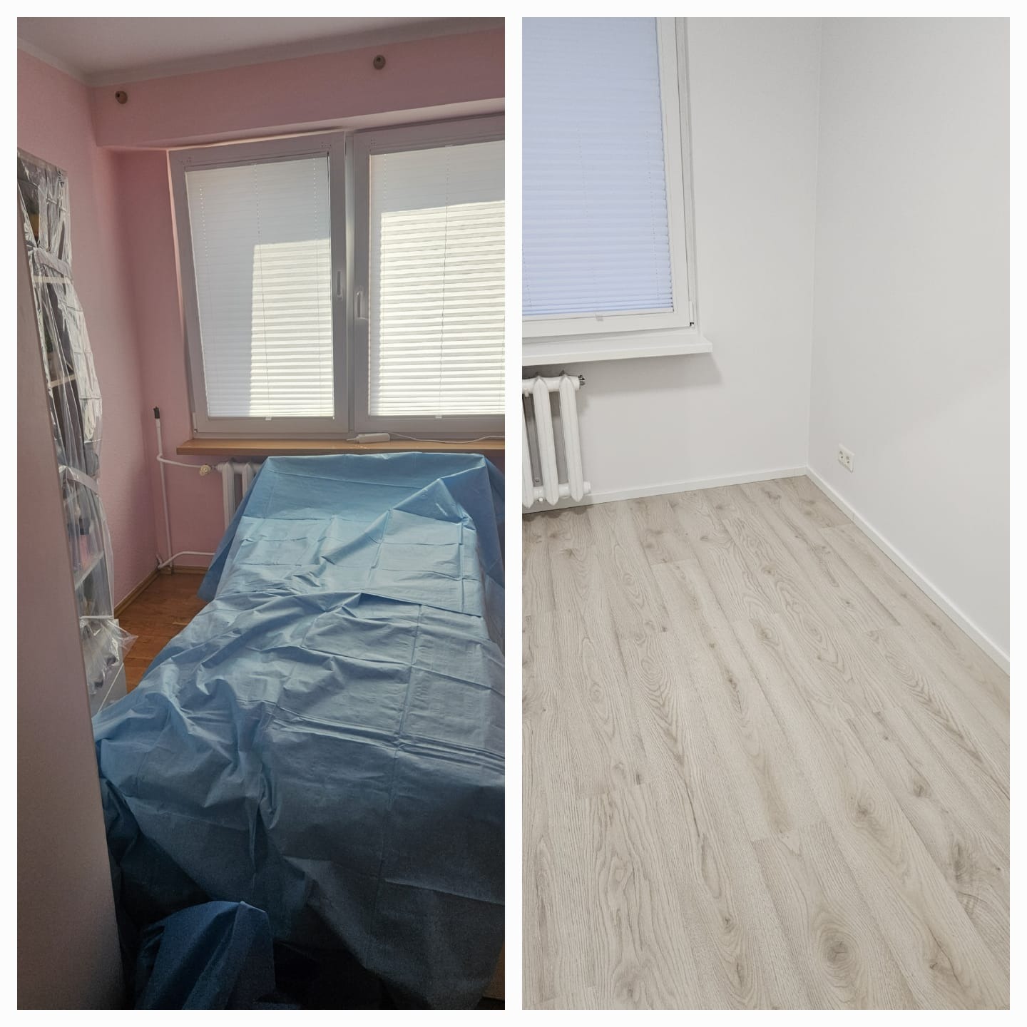 Porównanie pokoju przed i po: po lewej różowe ściany i meble przykryte folią ochronną, po prawej odnowiony pokój z białymi ścianami i nową, jasną podłogą panelową.