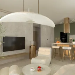 Jasne wnętrze mieszkania z otwartą kuchnią, dominują odcienie beżu i oliwkowej zieleni, charakterystyczna lampa w kształcie grzyba, designerskie krzesła barowe i minimalistyczny stolik kawowy...