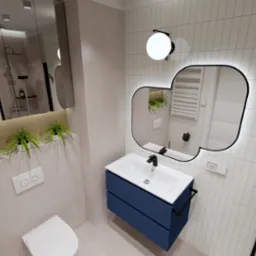 Wizualizacja nowoczesnej łazienki z niebieską szafką pod umywalką, owalnym lustrem z podświetleniem LED, białymi płytkami na ścianach i roślinami doniczkowymi na półce.