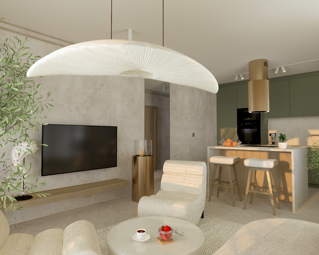 Jasne wnętrze mieszkania z otwartą kuchnią, dominują odcienie beżu i oliwkowej zieleni, charakterystyczna lampa w kształcie grzyba, designerskie krzesła barowe i minimalistyczny stolik kawowy...
