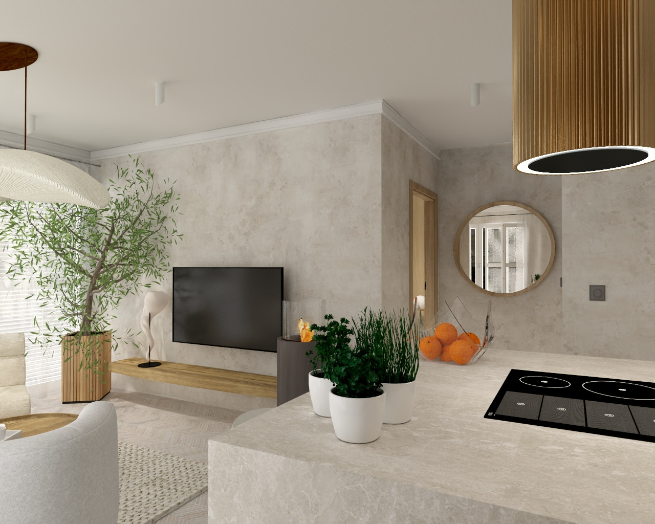 Jasne, nowoczesne wnętrze z roślinami doniczkowymi, minimalistycznym telewizorem i okrągłym lustrem, widok z perspektywy blatu kuchennego z płytą indukcyjną.