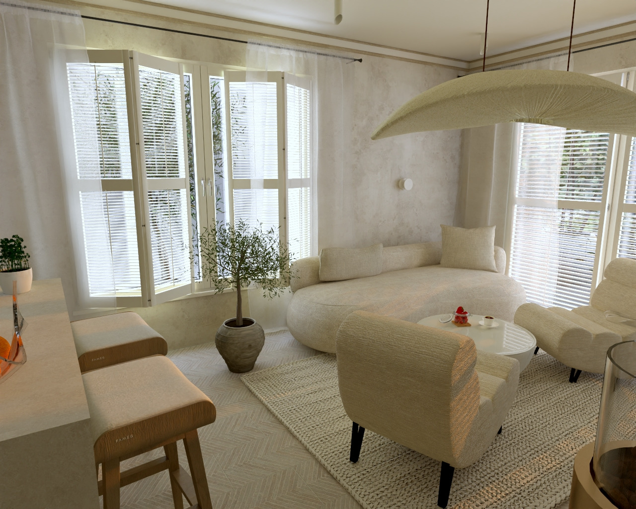 Jasne wnętrze salonu w neutralnych barwach z okrągłą sofą, białym stolikiem kawowym z deserem, fotelami z tapicerką boucle i drewnianymi hokerami przy blacie.