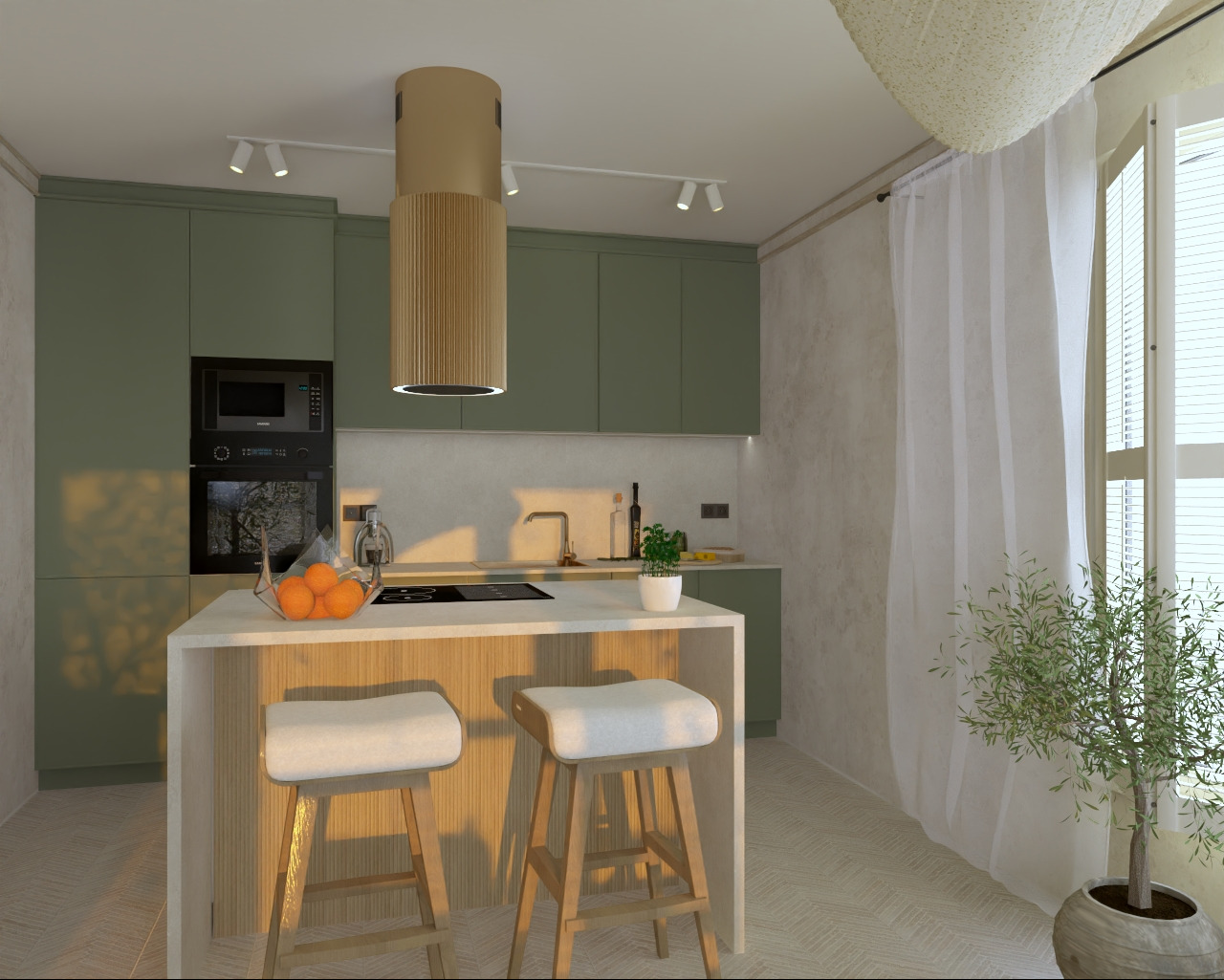 Wizualizacja nowoczesnej kuchni w Gdańsku z zielonymi szafkami, wyspą z białym blatem i dwoma hokerami, oświetlona światłem dziennym wpadającym przez okno z białymi zasłonami.