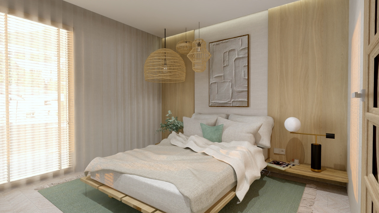 Jasna sypialnia w neutralnych barwach z drewnianą ścianą, trzema wiszącymi lampami z naturalnego materiału oraz obrazem z fakturą nad łóżkiem.