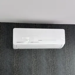 Biały klimatyzator marki Seyra zamontowany na ścianie z tapetą imitującą skórę węża.