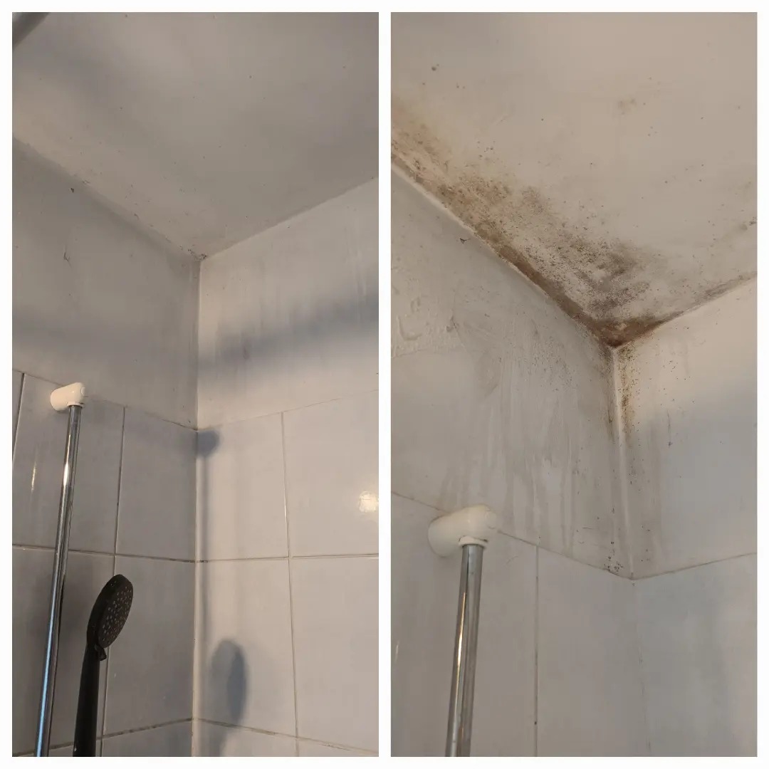 Porównanie stanu narożnika sufitu w łazience przed i po usunięciu pleśni, widoczne białe płytki i chromowana rura prysznica.