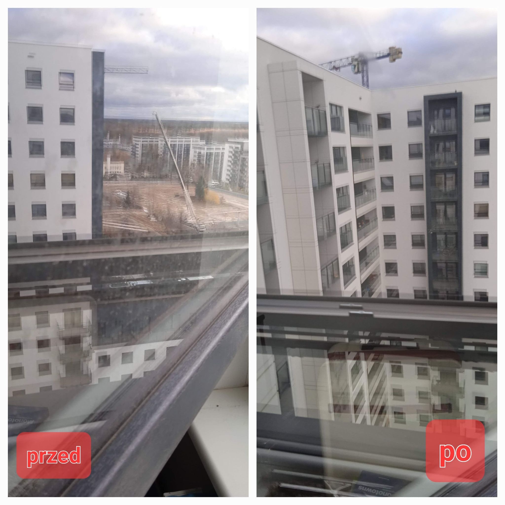 Porównanie okna przed i po umyciu, widok na budynki mieszkalne i żuraw budowlany w tle.