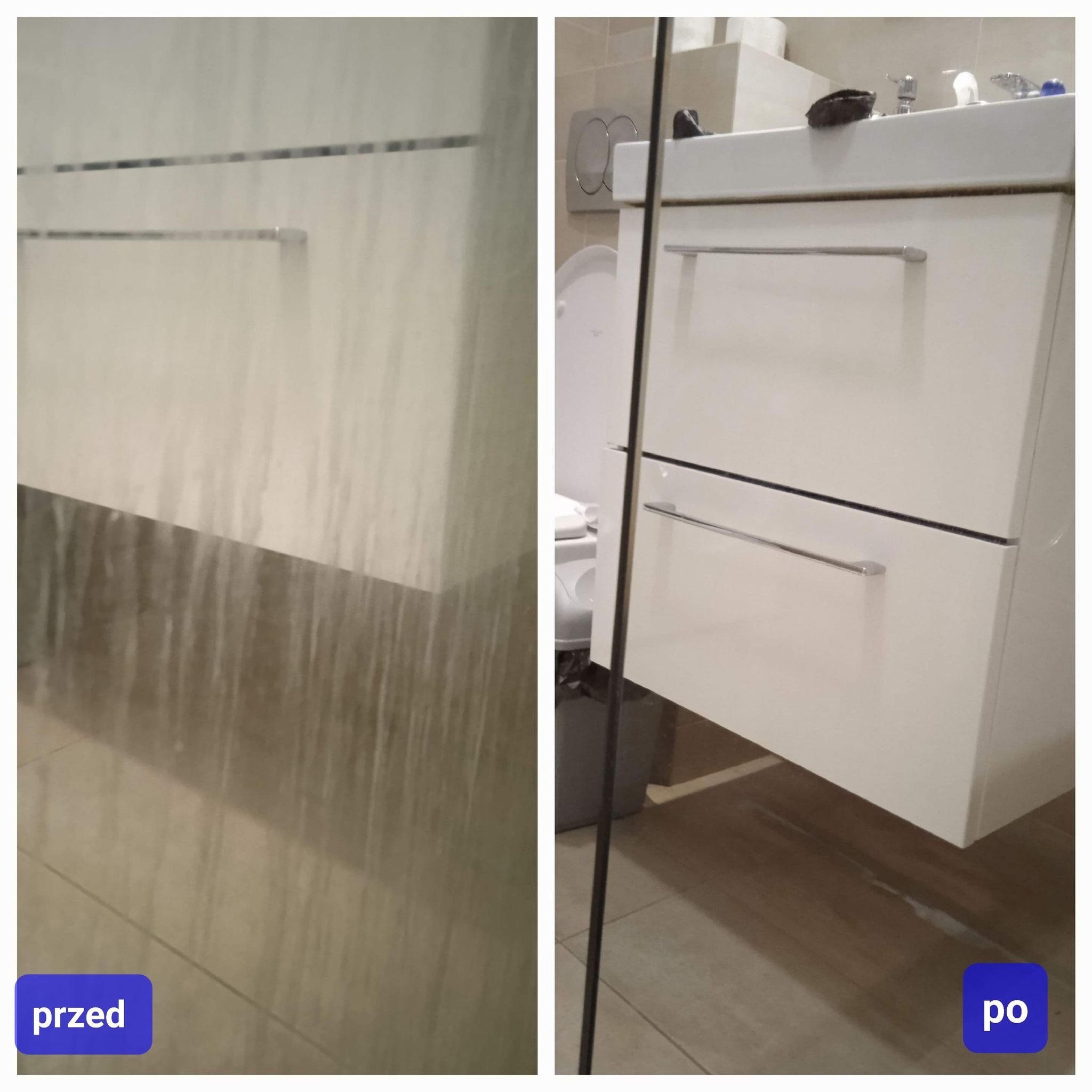 Porównanie stanu kabiny prysznicowej przed i po czyszczeniu, widoczne zacieki i osady na szklanej powierzchni przed zabiegiem oraz czysta powierzchnia po.