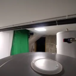 Dwa zbiorniki akumulacyjne w piwnicy, widoczne rury izolowane termicznie, zielona folia ochronna na ścianie, surowe ściany w tle.