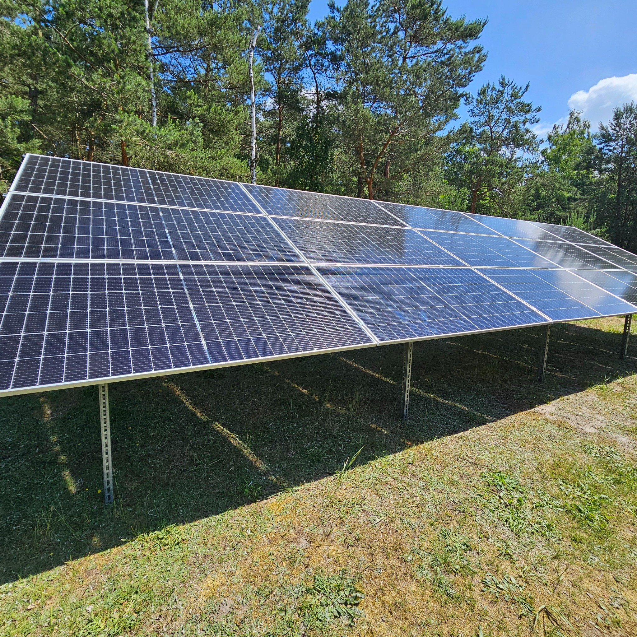 Rząd paneli słonecznych na metalowej konstrukcji, zainstalowany na trawie w otoczeniu drzew i błękitnego nieba.