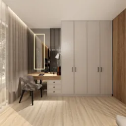 Wizualizacja pokoju z toaletką, lustrem z podświetleniem LED, szafą w zabudowie i dekoracyjnymi panelami ściennymi.