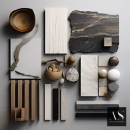 Zestawienie próbek materiałów wykończeniowych: drewno, marmur, kamień w odcieniach beżu, brązu, bieli i szarości, ułożonych na szarym tle, uzupełnione o dekoracyjne elementy drewniane i kamienne...