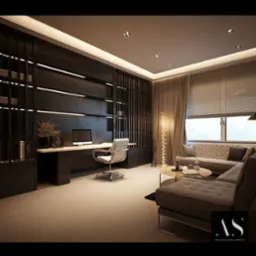 Eleganckie biuro w domu z ciemnymi drewnianymi akcentami, biurkiem z komputerem, skórzanym krzesłem obrotowym, sofą typu Chesterfield przy oknie i dekoracyjną lampą neonową.