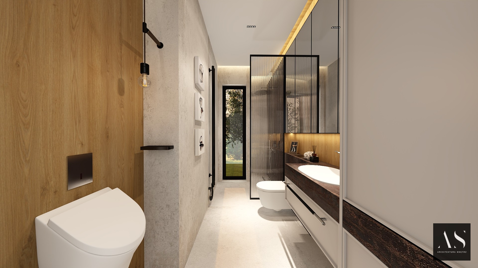 Nowoczesna łazienka z drewnianymi i betonowymi elementami, wisząca toaleta, lustro z podświetleniem LED i czarnymi akcentami.