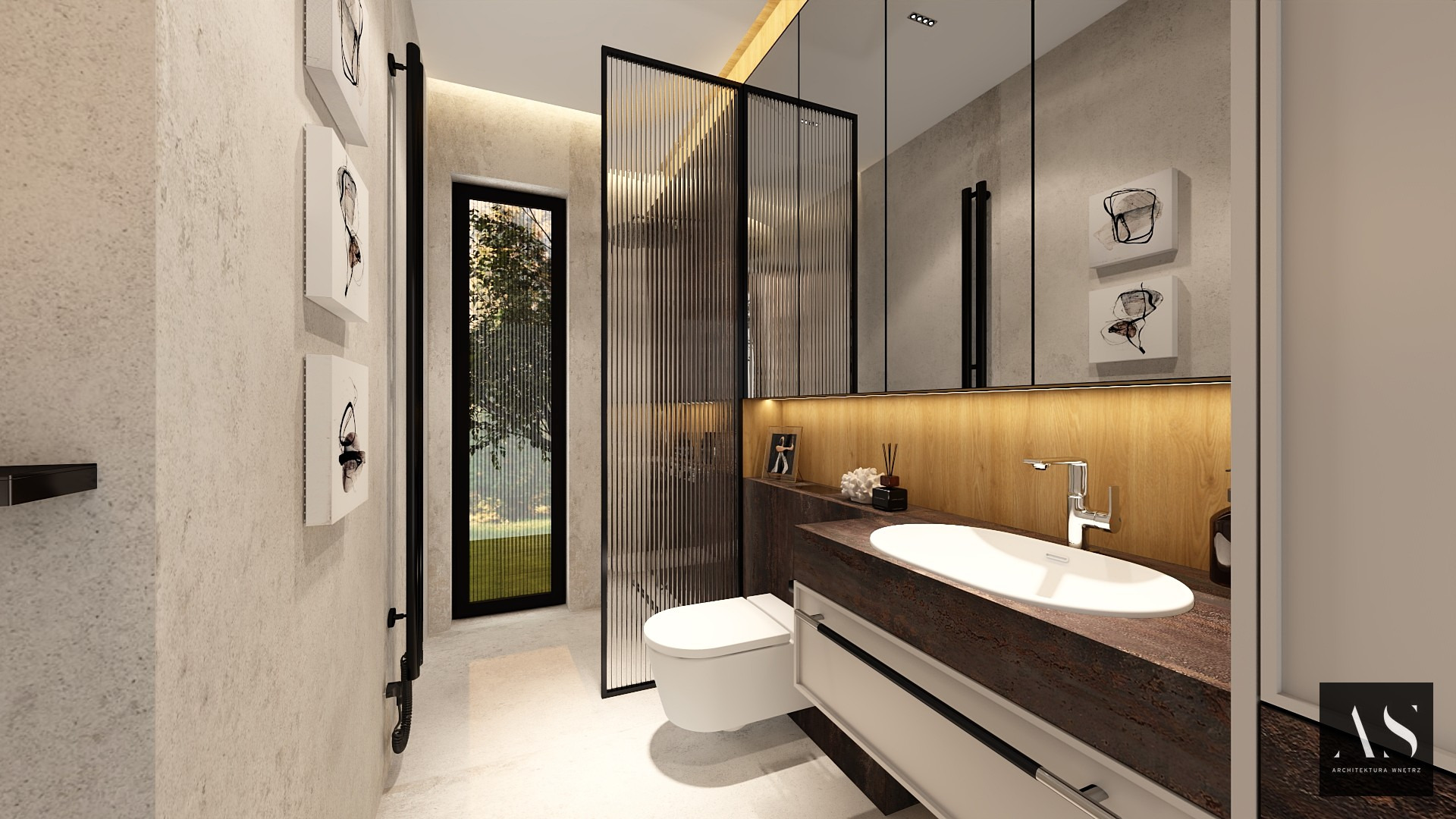 Wizualizacja łazienki z toaletą, umywalką na blacie z ciemnego drewna i lustrem z podświetleniem LED, ozdobiona minimalistycznymi obrazkami i przesłoną z pionowych listewek.