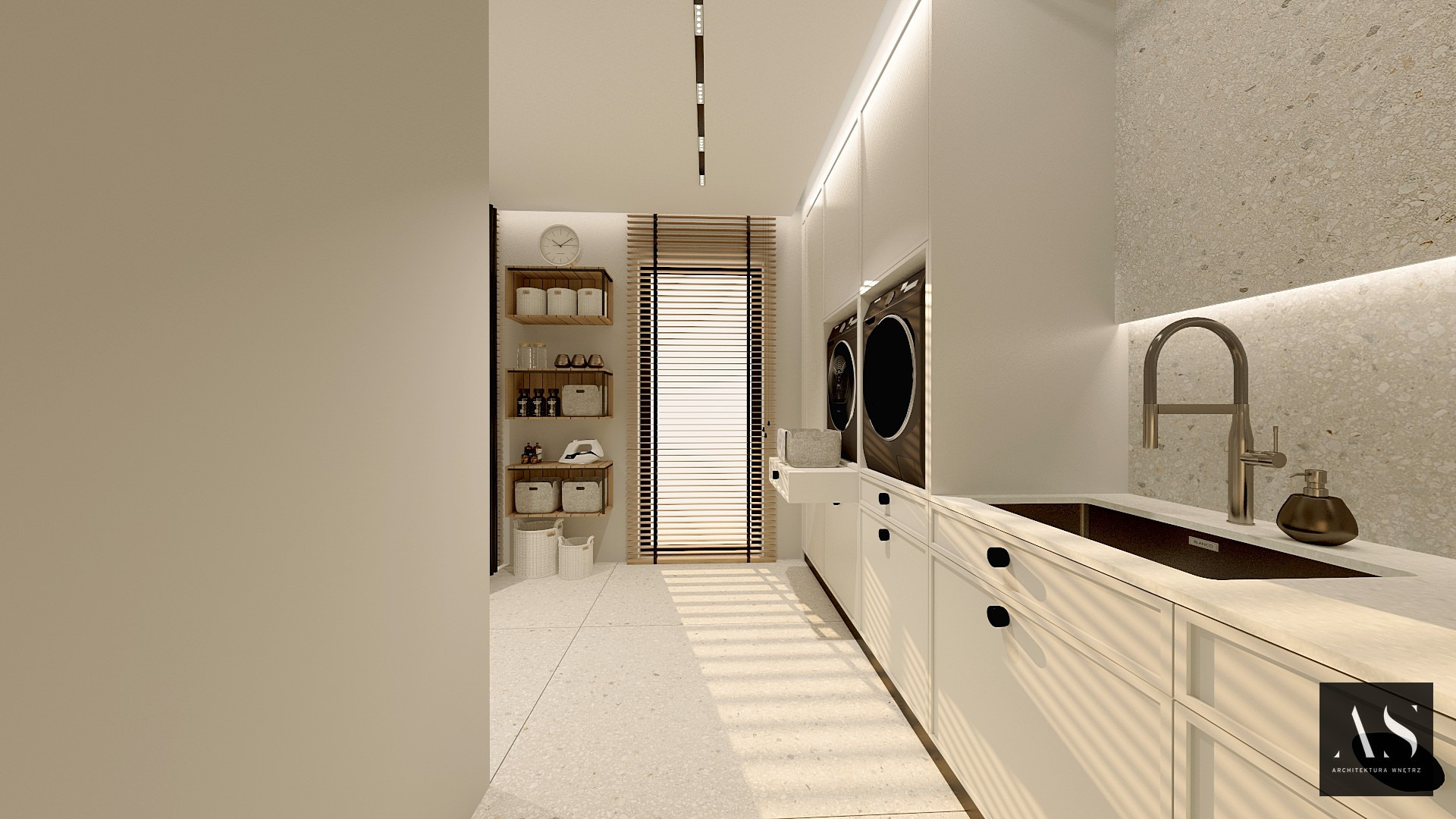 Wizualizacja pralni w jasnych barwach z pralką, suszarką, szafkami, półkami z koszami, armaturą i oknem z żaluzjami.