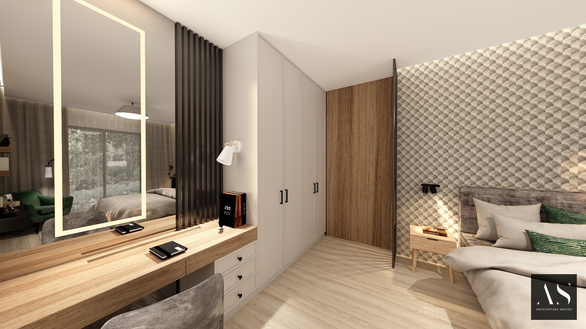 Nowoczesna sypialnia z toaletką z podświetlanym lustrem, drewnianą zabudową i dekoracyjną tapetą.