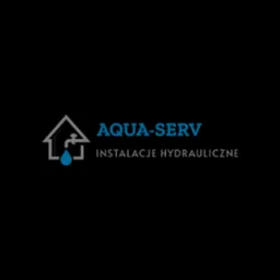 Logo firmy Aqua-Serv Instalacje Hydrauliczne, przedstawiające stylizowany dom z kranem i kroplą wody.