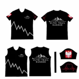 Kolekcja czarnych koszulek i bezrękawników z nadrukiem 'ULTRI TRAIL RUNNER' z motywem górskim, wzbogaconych o polskie godło i symbol serca z EKG, prezentowana na białym tle.