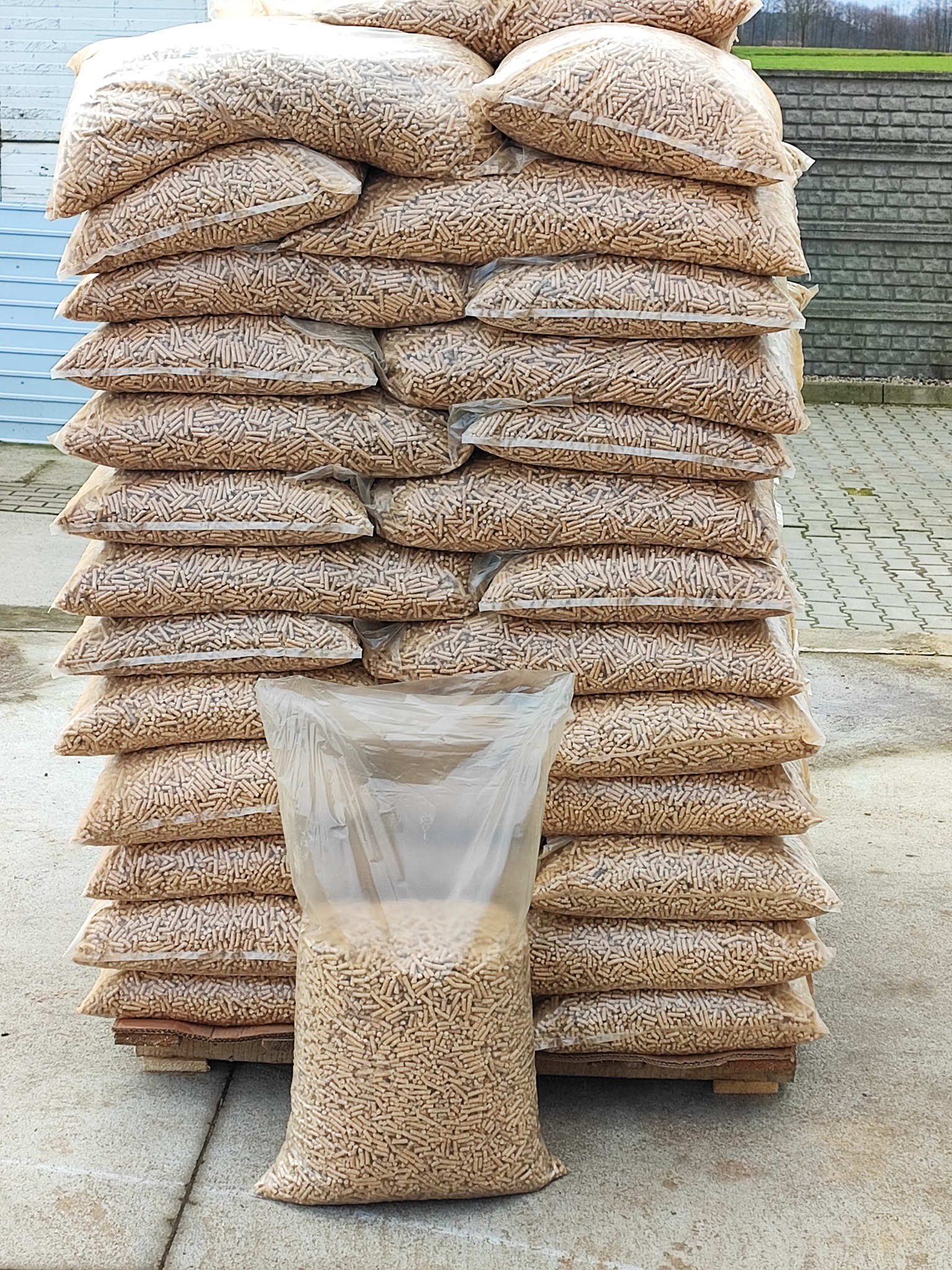 Ułożone na palecie worki z pelletem drzewnym, jeden worek stoi pionowo na pierwszym planie, tło stanowi budynek i kostka brukowa.