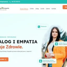 Strona główna serwisu dialogempatia.pl z widocznymi elementami nawigacji, logo, zdjęciem kobiety oraz hasłem 'Dialog i Empatia Twoje Zdrowie'.