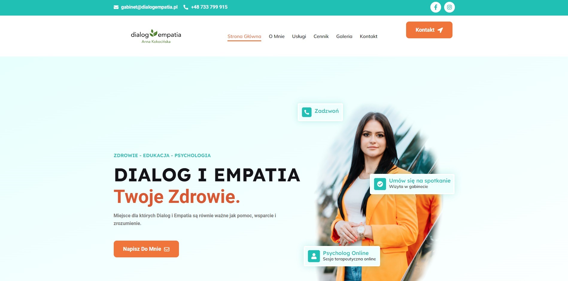 Strona główna serwisu dialogempatia.pl z widocznymi elementami nawigacji, logo, zdjęciem kobiety oraz hasłem 'Dialog i Empatia Twoje Zdrowie'.