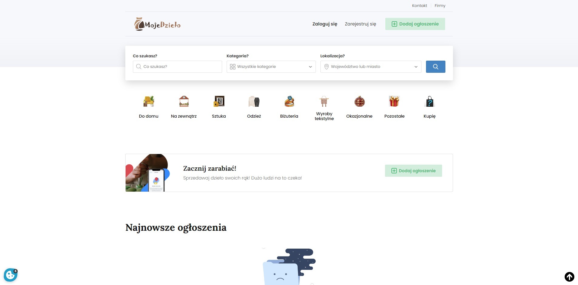Ekran główny portalu ogłoszeniowego rękodzieła mojedzielo.pl z widocznymi kategoriami produktów: do domu, na zewnątrz, sztuka, odzież, biżuteria, wyroby tekstylne, okazjonalne, pozostałe i kupię.
