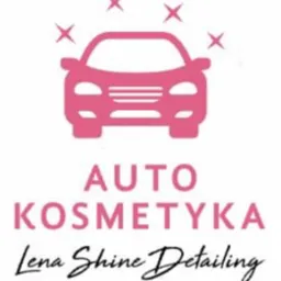 Różowy graficzny samochód z iskierkami, napis 'AUTO KOSMETYKA Lena Shine Detailing'.