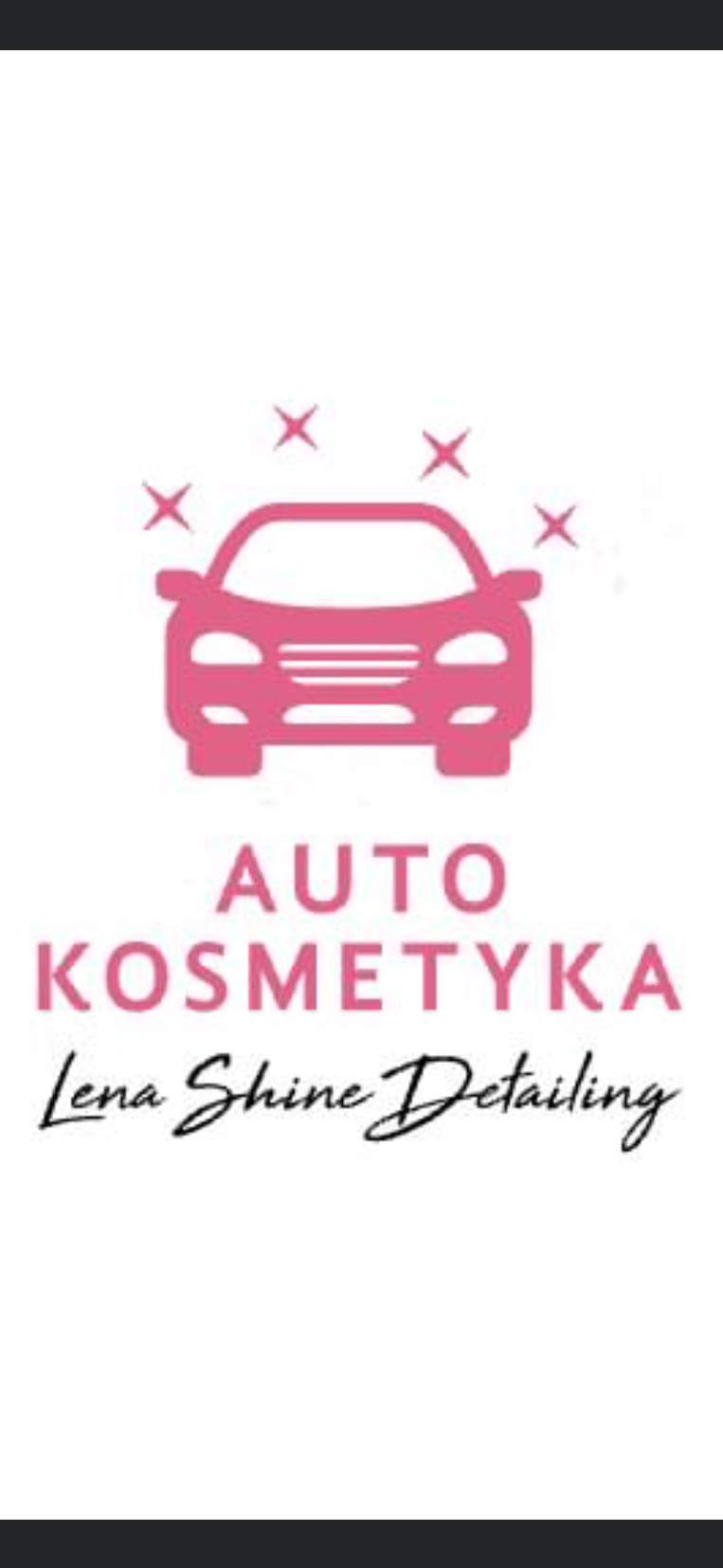 Różowy graficzny samochód z iskierkami, napis 'AUTO KOSMETYKA Lena Shine Detailing'.