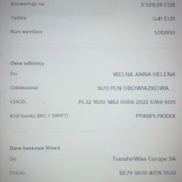 Zrzut ekranu potwierdzenia przelewu bankowego w euro, widoczne dane nadawcy (BancoPosta Włochy), odbiorcy (WELNA ANNA HELENA) oraz kwota 5530 EUR.