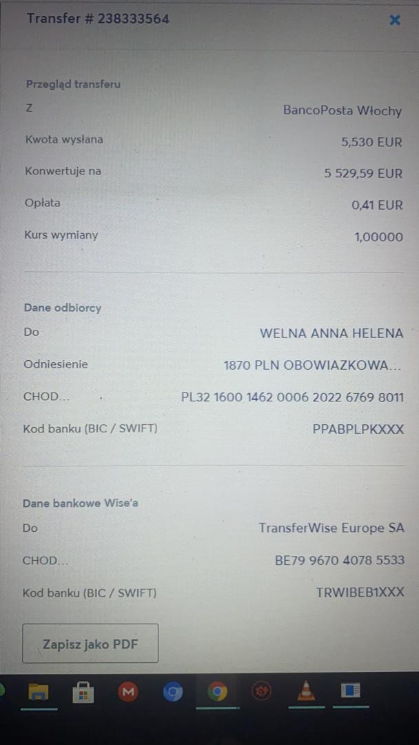 Zrzut ekranu potwierdzenia przelewu bankowego w euro, widoczne dane nadawcy (BancoPosta Włochy), odbiorcy (WELNA ANNA HELENA) oraz kwota 5530 EUR.