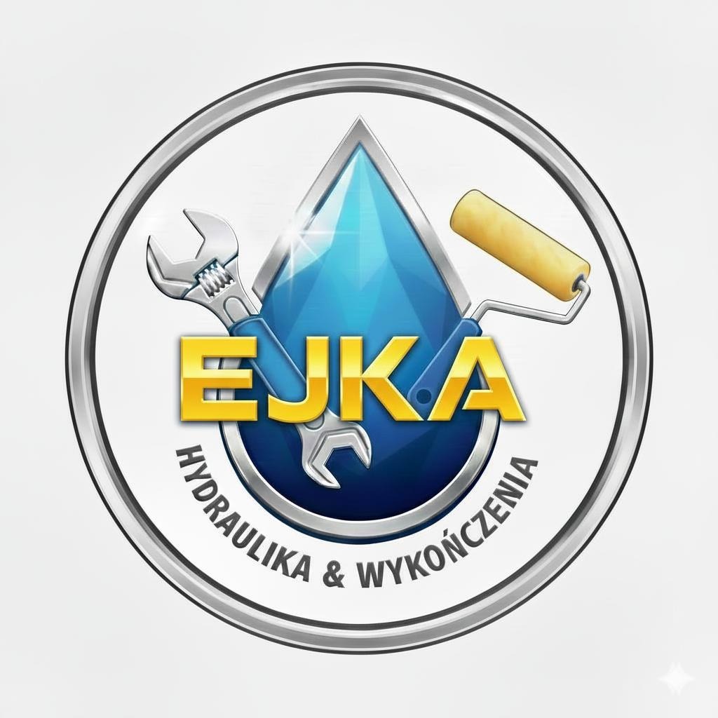 Logo firmy EJKA Hydraulika & Wykończenia: kropla wody, klucz francuski, wałek malarski w okręgu.