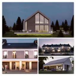 Kompilacja czterech wizualizacji nowoczesnych domów jednorodzinnych i szeregowych z oświetleniem zewnętrznym o zmierzchu. Górne ujęcie prezentuje dom z dużymi przeszkleniami i drewnianą elewacją.