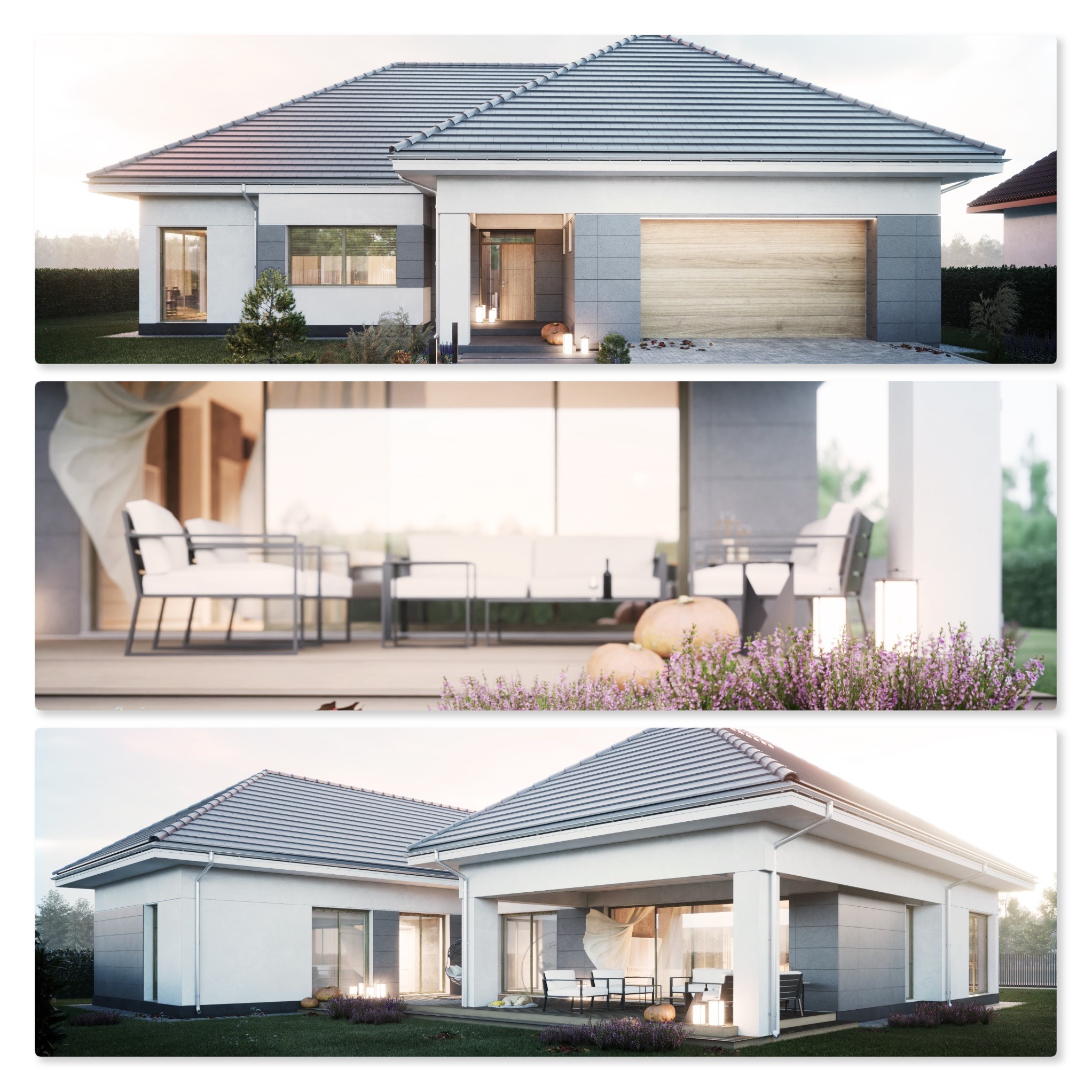 Wizualizacja parterowego domu jednorodzinnego z garażem, ukazanego z trzech perspektyw: elewacji frontowej, tarasu z meblami ogrodowymi i widoku z boku, w scenerii jesiennej z dyniami i wrzosami.