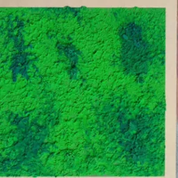 Niedokończona, jaskrawozielona tekstura tynku elewacyjnego nałożona na płytę, z widocznymi nierównościami i ciemniejszymi plamami, leżąca na podłodze obok szarej sofy.