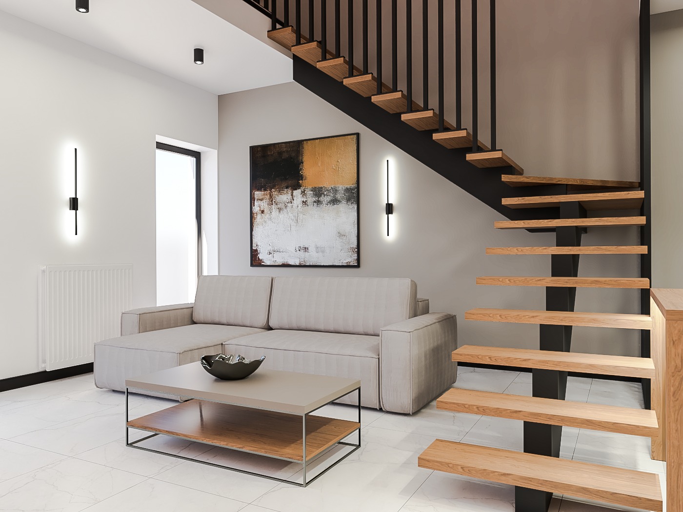 Stylowy salon z beżową sofą, nowoczesnym stolikiem kawowym i drewnianymi schodami z czarną balustradą. Na ścianie abstrakcyjny obraz i minimalistyczne oświetlenie.