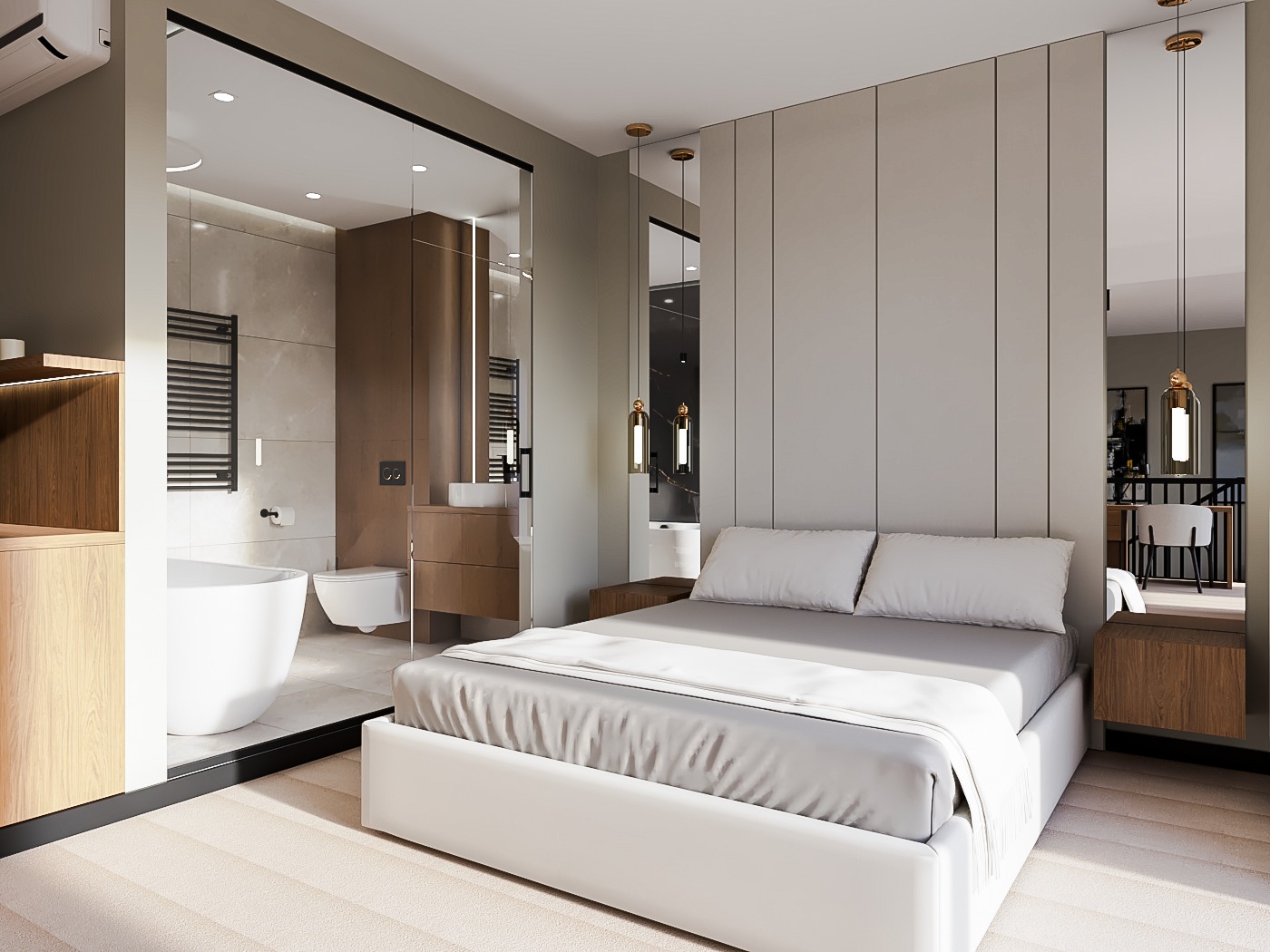 Nowoczesna sypialnia z łazienką oddzieloną szklaną ścianą. Minimalistyczne oświetlenie, beżowa kolorystyka, łóżko z białym obramowaniem. Widok na toaletę i wannę.