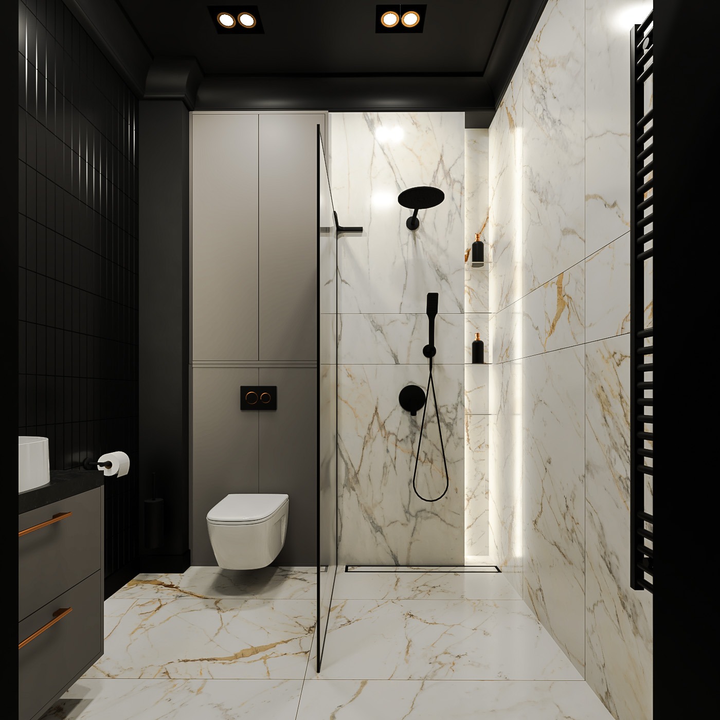 Elegancka łazienka w odcieniach bieli, złota i czerni. Marmurowe płytki, minimalistyczna armatura, kabina prysznicowa typu walk-in i podświetlenie LED tworzą luksusowy klimat.
