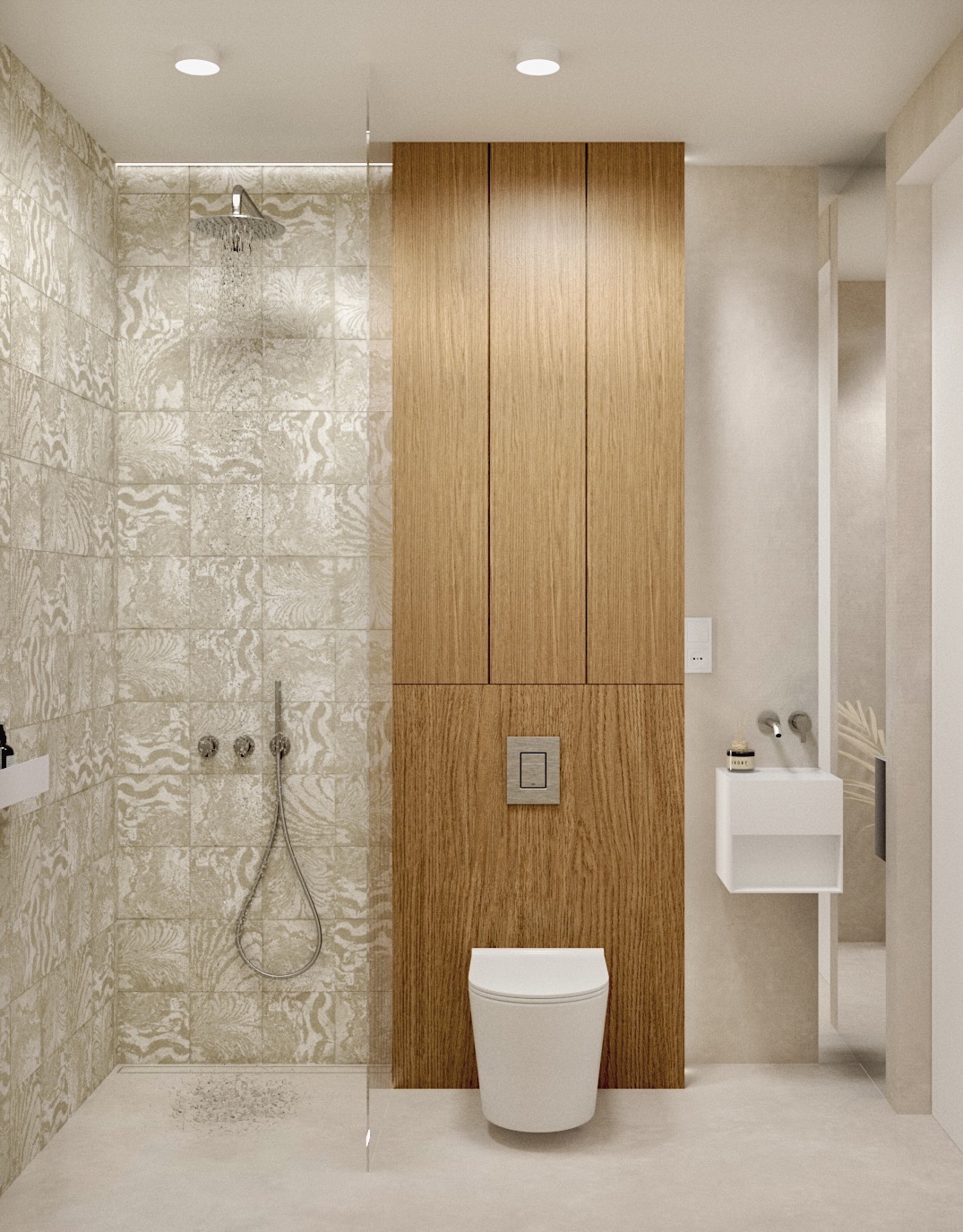 Wizualizacja łazienki z kabiną prysznicową typu walk-in, toaletą podwieszaną, umywalką nablatową na postumencie i drewnianą zabudową meblową.