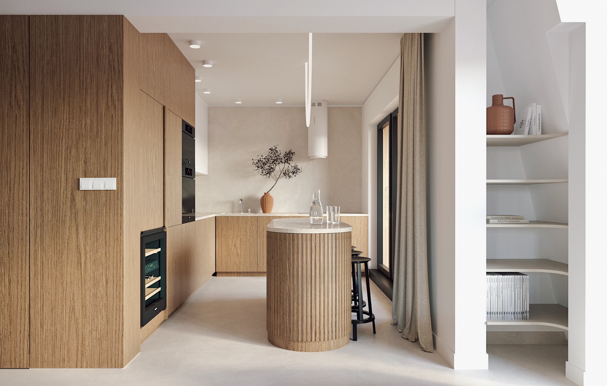 Jasna, minimalistyczna kuchnia w Poznaniu z drewnianymi szafkami, wyspą z marmurowym blatem i wbudowaną chłodziarką na wino. Na blacie wazon z gałązkami i szklane naczynia. W tle półki z dekoracjami.