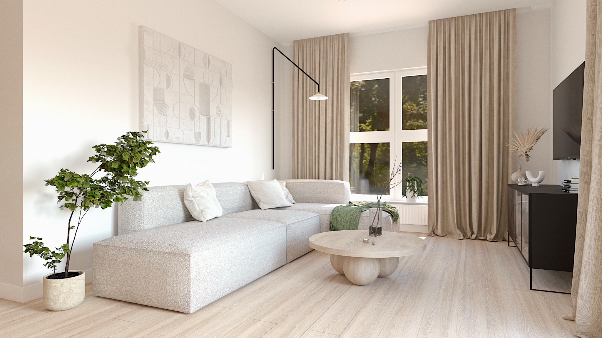 Jasny salon z modułową sofą, okrągłym stolikiem kawowym na trzech kulach, minimalistyczną lampą ścienną i abstrakcyjnym obrazem.
